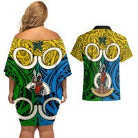 Vanuatu Malampa Province Couples Matching Off Shoulder Short Dress and Hawaiian Shirt Pig Tusk Mix Maori Pattern and Namele Leaf LT03 - Polynesian Pride