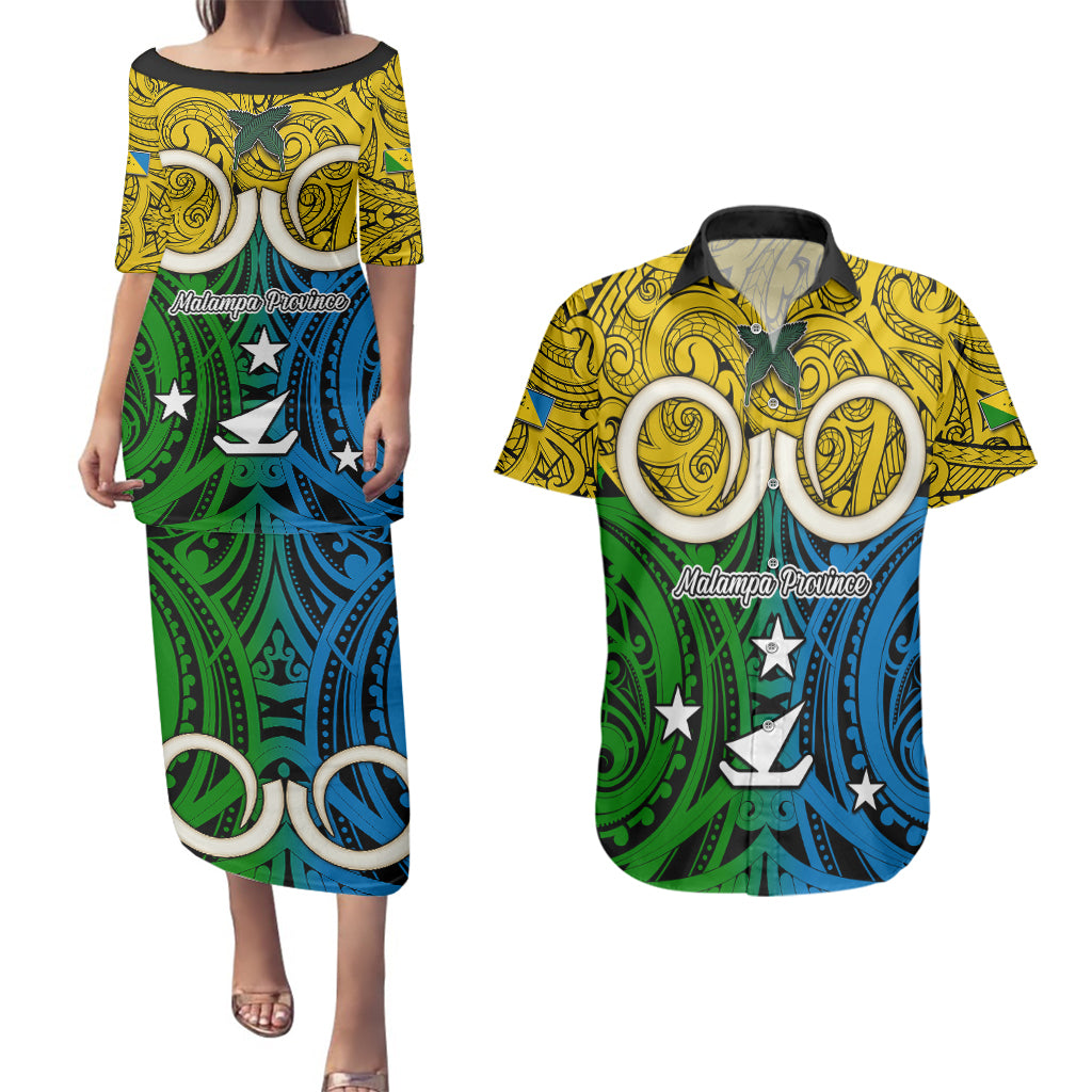 Vanuatu Malampa Province Couples Matching Puletasi Dress and Hawaiian Shirt Pig Tusk Mix Maori Pattern and Namele Leaf LT03 Yellow - Polynesian Pride