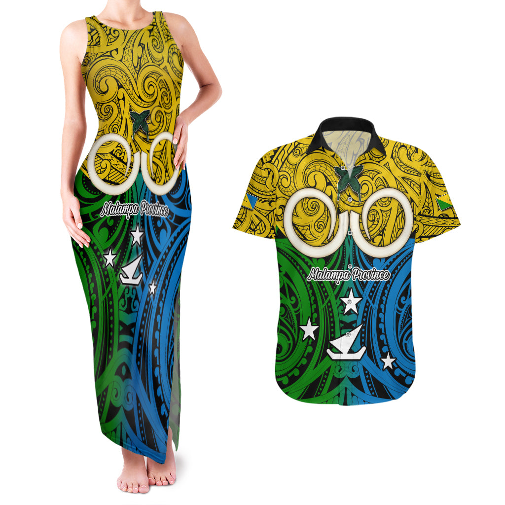 Vanuatu Malampa Province Couples Matching Tank Maxi Dress and Hawaiian Shirt Pig Tusk Mix Maori Pattern and Namele Leaf LT03 Yellow - Polynesian Pride