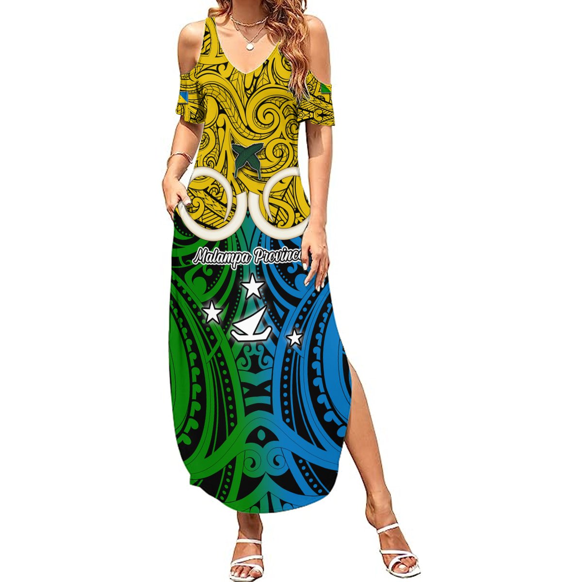 Vanuatu Malampa Province Summer Maxi Dress Pig Tusk Mix Maori Pattern and Namele Leaf LT03 Women Yellow - Polynesian Pride