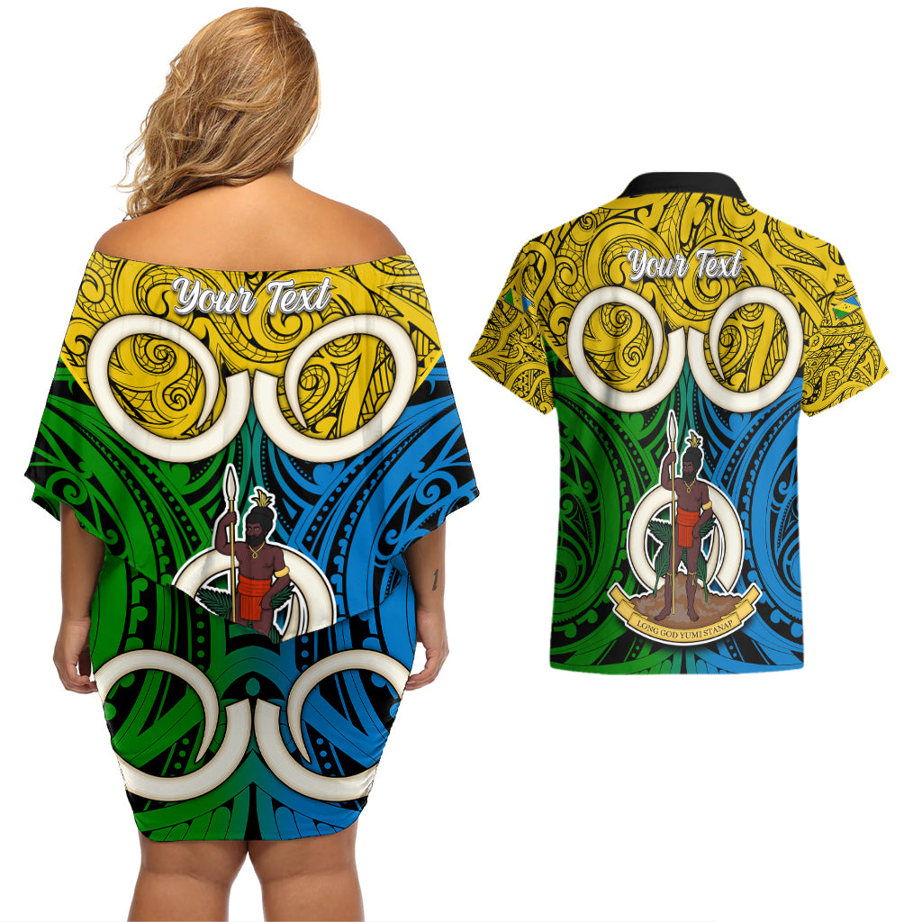 Personalised Vanuatu Malampa Province Couples Matching Off Shoulder Short Dress and Hawaiian Shirt Pig Tusk Mix Maori Pattern and Namele Leaf LT03 - Polynesian Pride