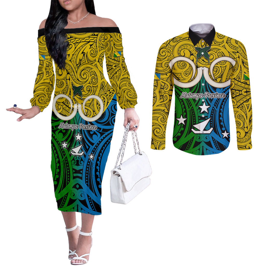Personalised Vanuatu Malampa Province Couples Matching Off The Shoulder Long Sleeve Dress and Long Sleeve Button Shirts Pig Tusk Mix Maori Pattern and Namele Leaf LT03 Yellow - Polynesian Pride