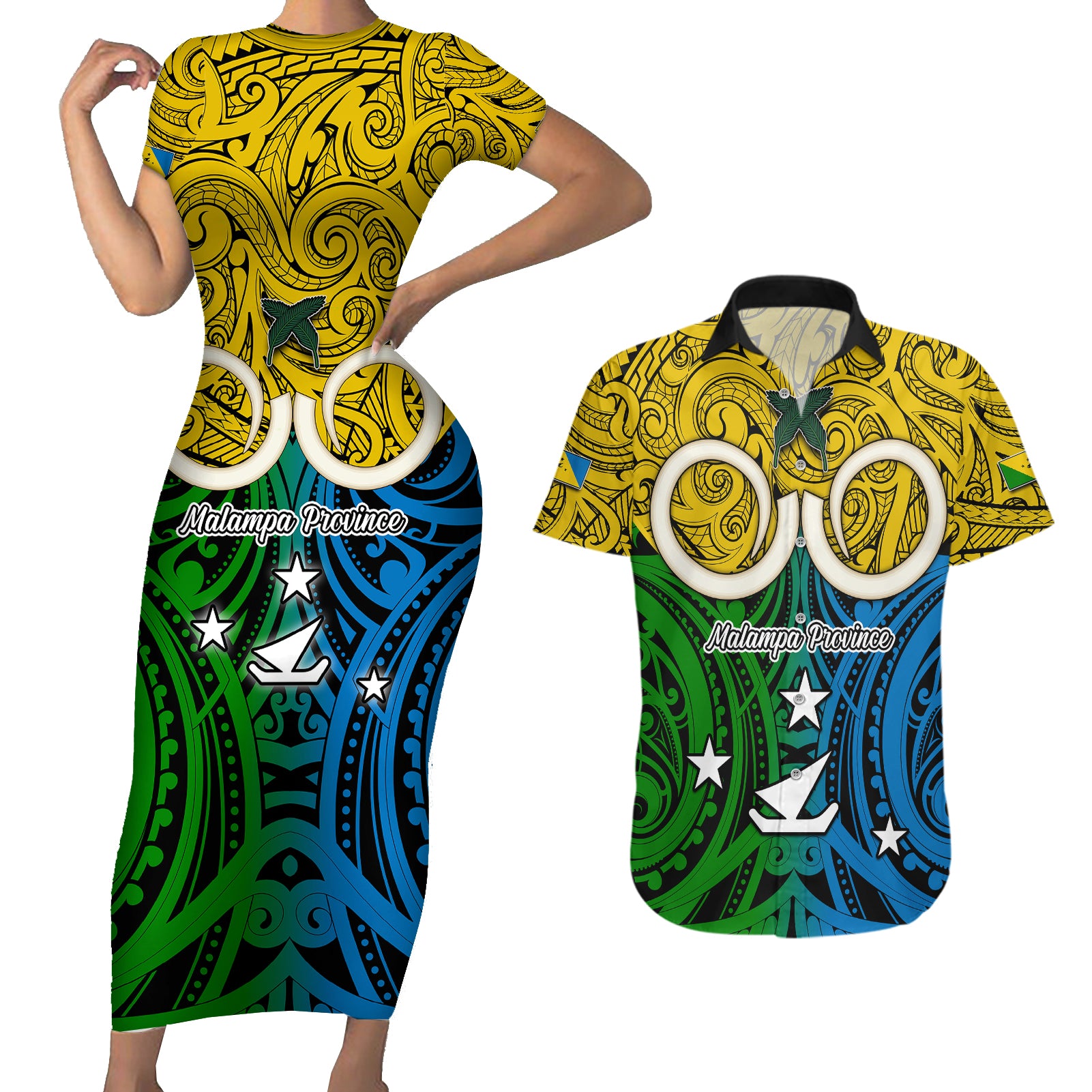 Personalised Vanuatu Malampa Province Couples Matching Short Sleeve Bodycon Dress and Hawaiian Shirt Pig Tusk Mix Maori Pattern and Namele Leaf LT03 Yellow - Polynesian Pride