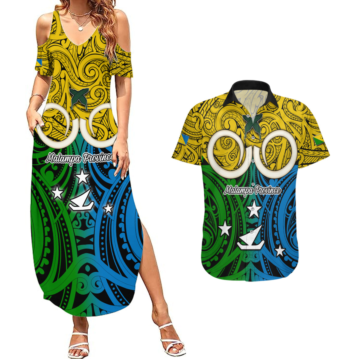 Personalised Vanuatu Malampa Province Couples Matching Summer Maxi Dress and Hawaiian Shirt Pig Tusk Mix Maori Pattern and Namele Leaf LT03 Yellow - Polynesian Pride