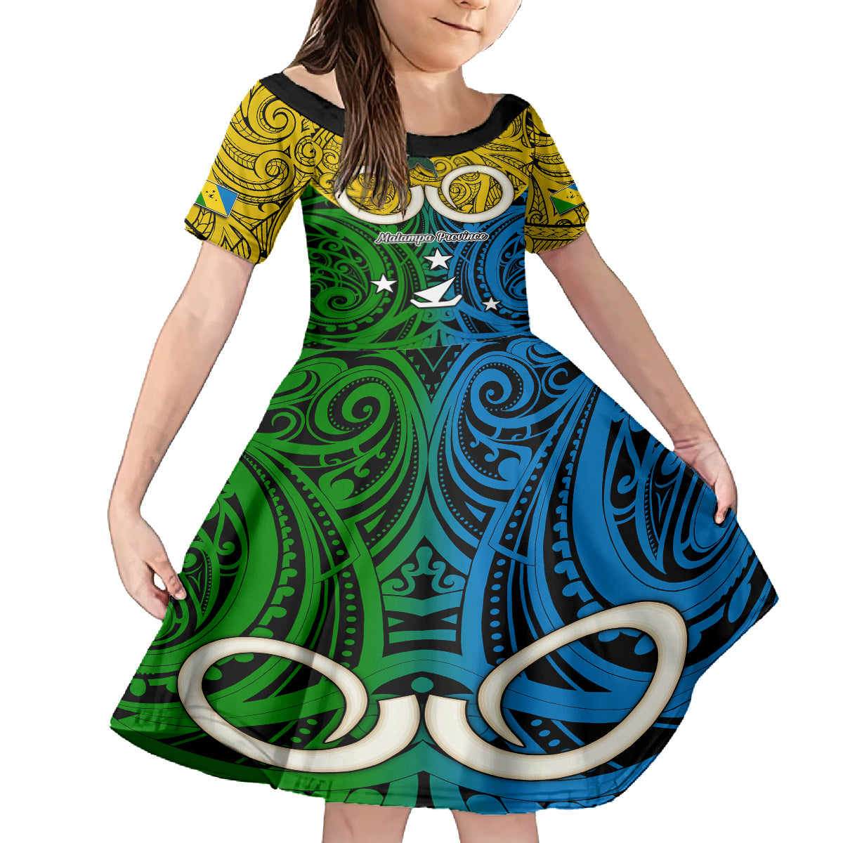 Personalised Vanuatu Malampa Province Family Matching Long Sleeve Bodycon Dress and Hawaiian Shirt Pig Tusk Mix Maori Pattern and Namele Leaf LT03 Daughter's Dress Yellow - Polynesian Pride