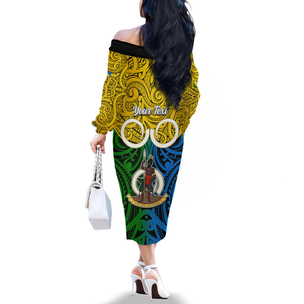 Personalised Vanuatu Malampa Province Off The Shoulder Long Sleeve Dress Pig Tusk Mix Maori Pattern and Namele Leaf LT03 - Polynesian Pride