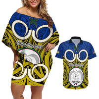 Vanuatu Torba Province Couples Matching Off Shoulder Short Dress and Hawaiian Shirt Pig Tusk Mix Maori Pattern and Namele Leaf LT03 Blue - Polynesian Pride