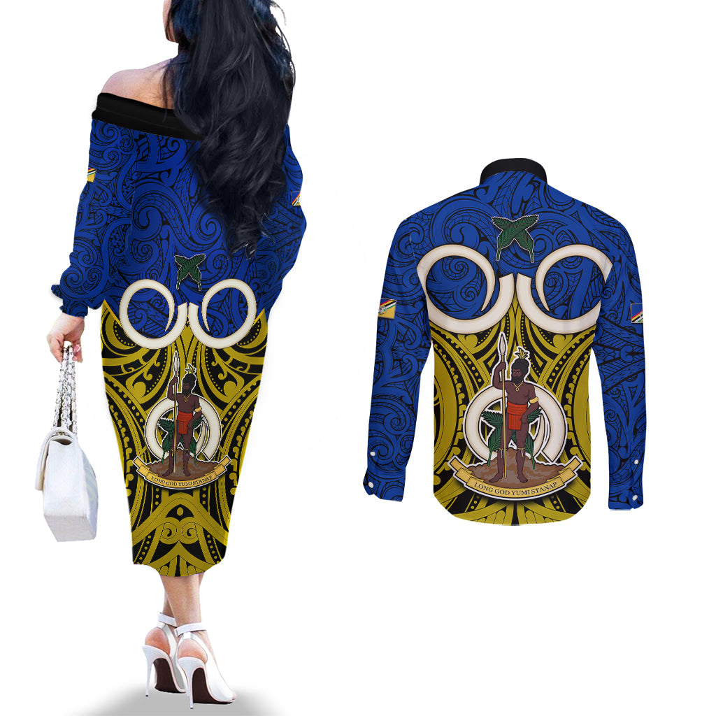 Vanuatu Torba Province Couples Matching Off The Shoulder Long Sleeve Dress and Long Sleeve Button Shirts Pig Tusk Mix Maori Pattern and Namele Leaf LT03 - Polynesian Pride