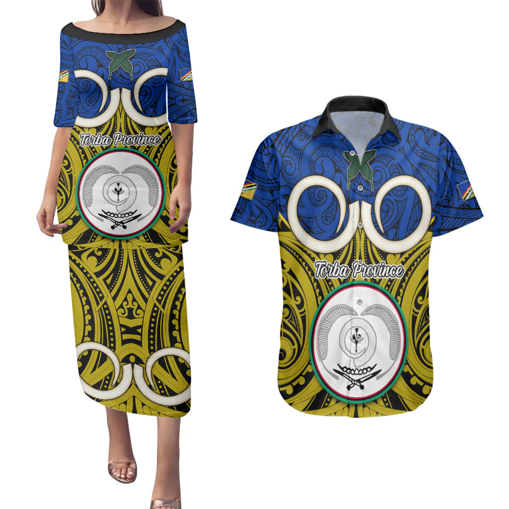 Vanuatu Torba Province Couples Matching Puletasi Dress and Hawaiian Shirt Pig Tusk Mix Maori Pattern and Namele Leaf LT03 Blue - Polynesian Pride