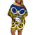 Vanuatu Torba Province Family Matching Off Shoulder Short Dress and Hawaiian Shirt Pig Tusk Mix Maori Pattern and Namele Leaf LT03 Mom's Dress Blue - Polynesian Pride