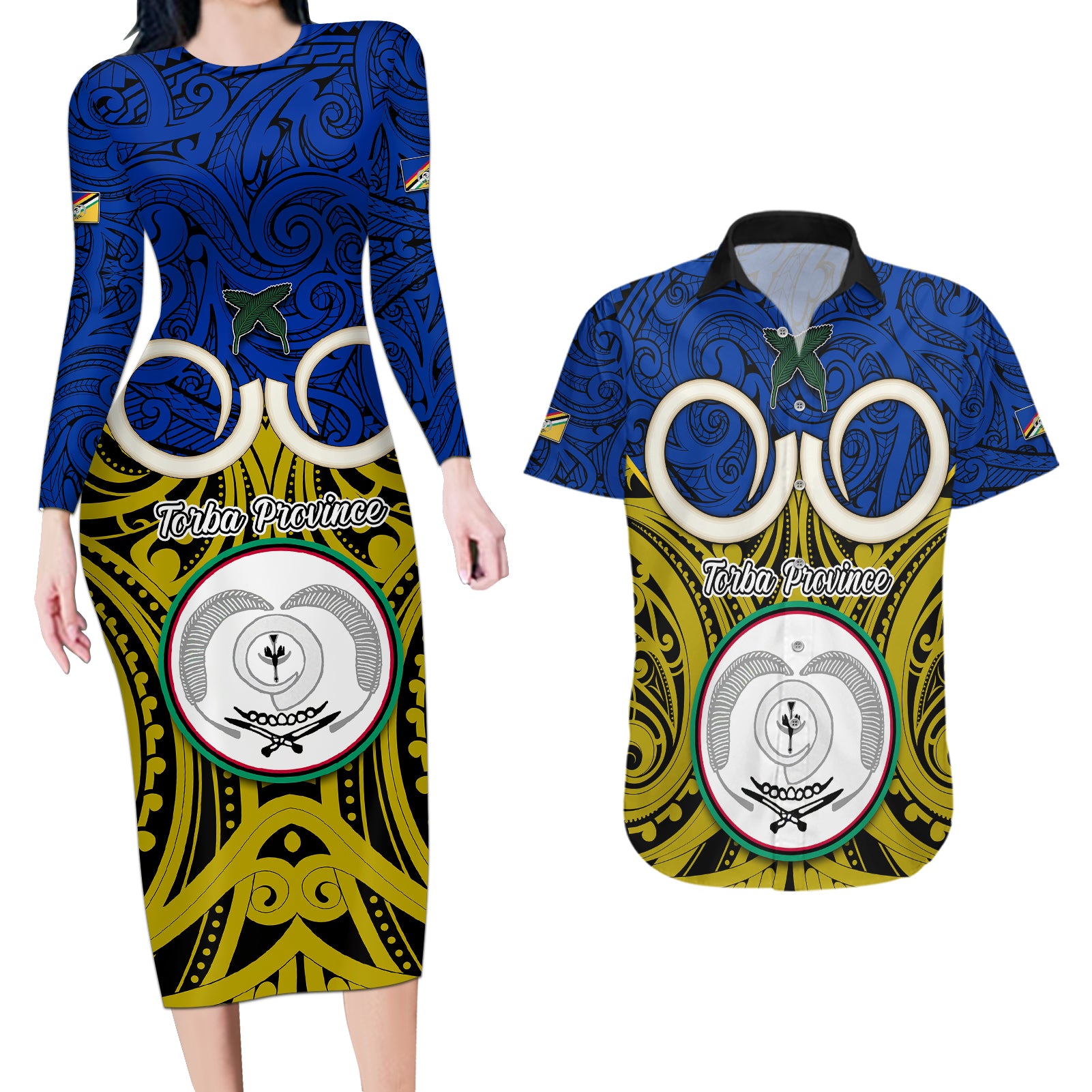 Personalised Vanuatu Torba Province Couples Matching Long Sleeve Bodycon Dress and Hawaiian Shirt Pig Tusk Mix Maori Pattern and Namele Leaf LT03 Blue - Polynesian Pride