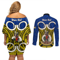 Personalised Vanuatu Torba Province Couples Matching Off Shoulder Short Dress and Long Sleeve Button Shirts Pig Tusk Mix Maori Pattern and Namele Leaf LT03 - Polynesian Pride