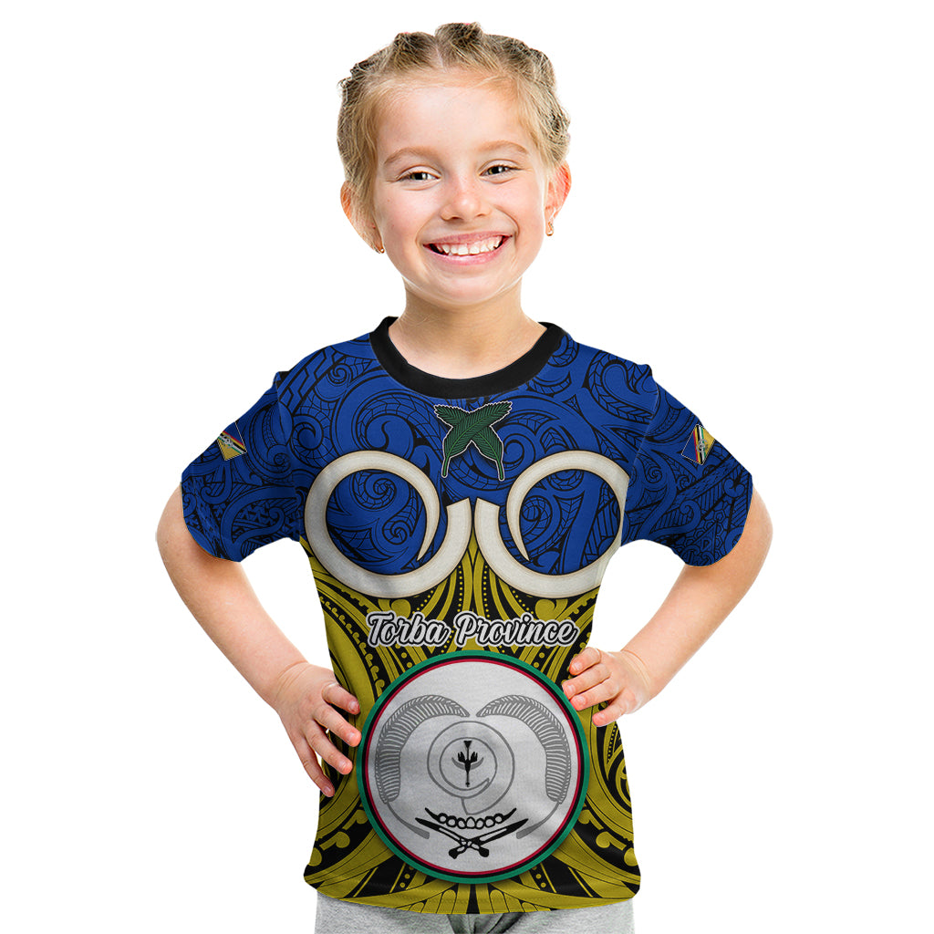 Personalised Vanuatu Torba Province Kid T Shirt Pig Tusk Mix Maori Pattern and Namele Leaf LT03 Blue - Polynesian Pride