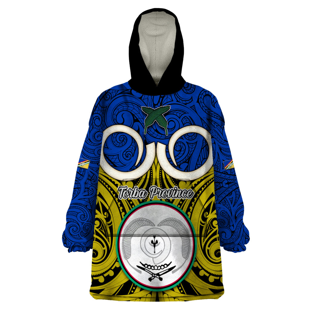 Personalised Vanuatu Torba Province Wearable Blanket Hoodie Pig Tusk Mix Maori Pattern and Namele Leaf LT03 One Size Blue - Polynesian Pride