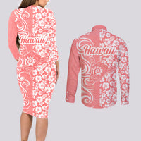 Hawaii Kauai Island Couples Matching Long Sleeve Bodycon Dress and Long Sleeve Button Shirts Hibiscus Pattern Seamless Tribal Simple Pink Pastel LT03 - Polynesian Pride