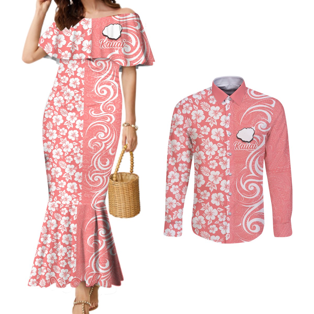 Hawaii Kauai Island Couples Matching Mermaid Dress and Long Sleeve Button Shirts Hibiscus Pattern Seamless Tribal Simple Pink Pastel LT03 Pink - Polynesian Pride