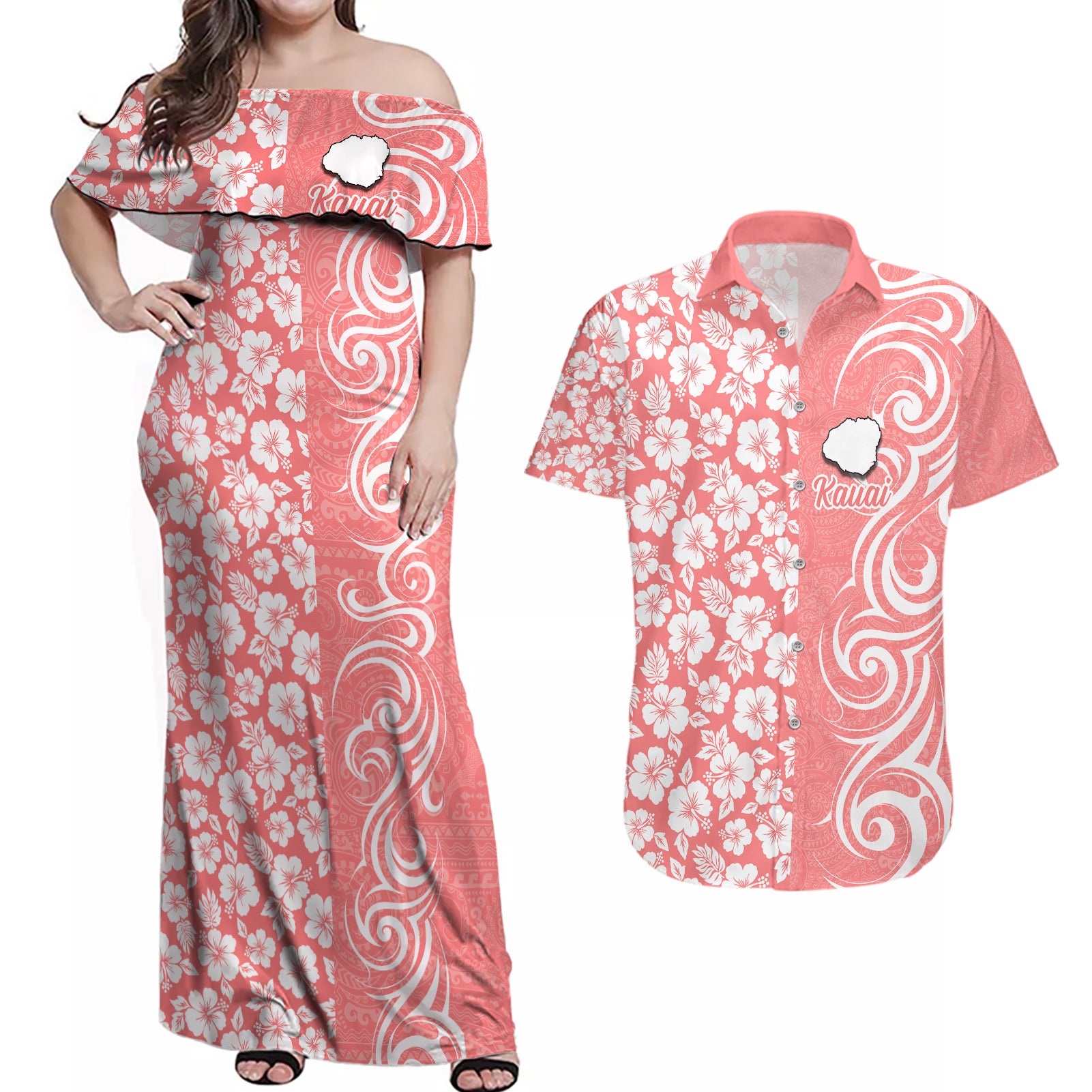 Hawaii Kauai Island Couples Matching Off Shoulder Maxi Dress and Hawaiian Shirt Hibiscus Pattern Seamless Tribal Simple Pink Pastel LT03 Pink - Polynesian Pride