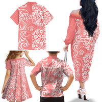 Hawaii Kauai Island Family Matching Off Shoulder Long Sleeve Dress and Hawaiian Shirt Hibiscus Pattern Seamless Tribal Simple Pink Pastel LT03 - Polynesian Pride