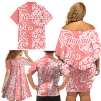 Hawaii Kauai Island Family Matching Off Shoulder Short Dress and Hawaiian Shirt Hibiscus Pattern Seamless Tribal Simple Pink Pastel LT03 - Polynesian Pride