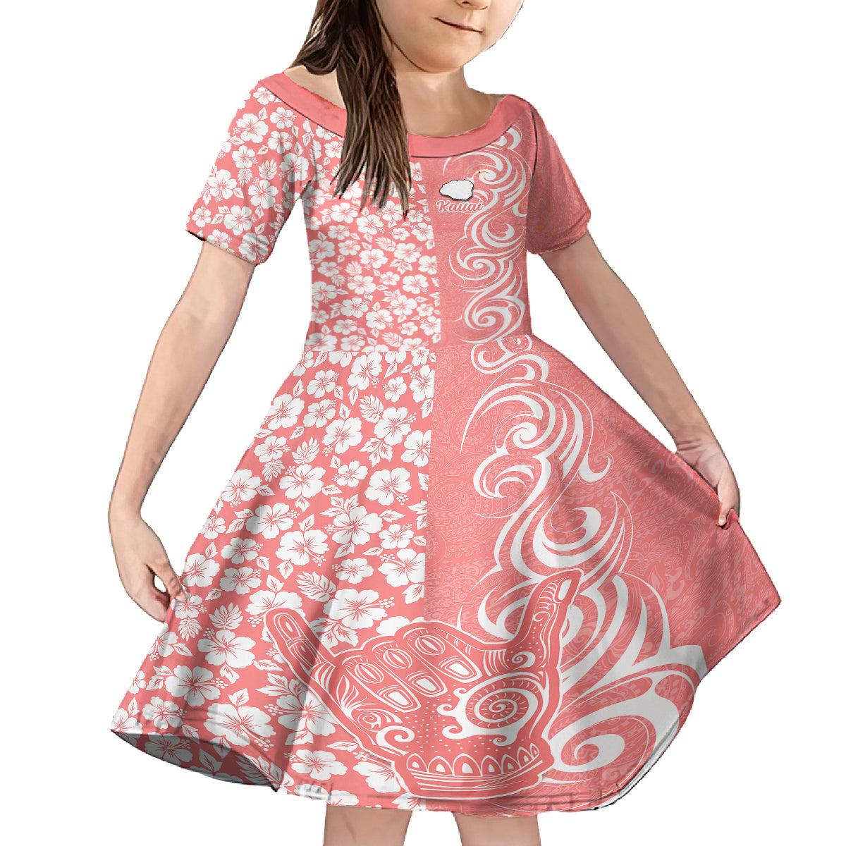 Hawaii Kauai Island Kid Short Sleeve Dress Hibiscus Pattern Seamless Tribal Simple Pink Pastel LT03 KID Pink - Polynesian Pride