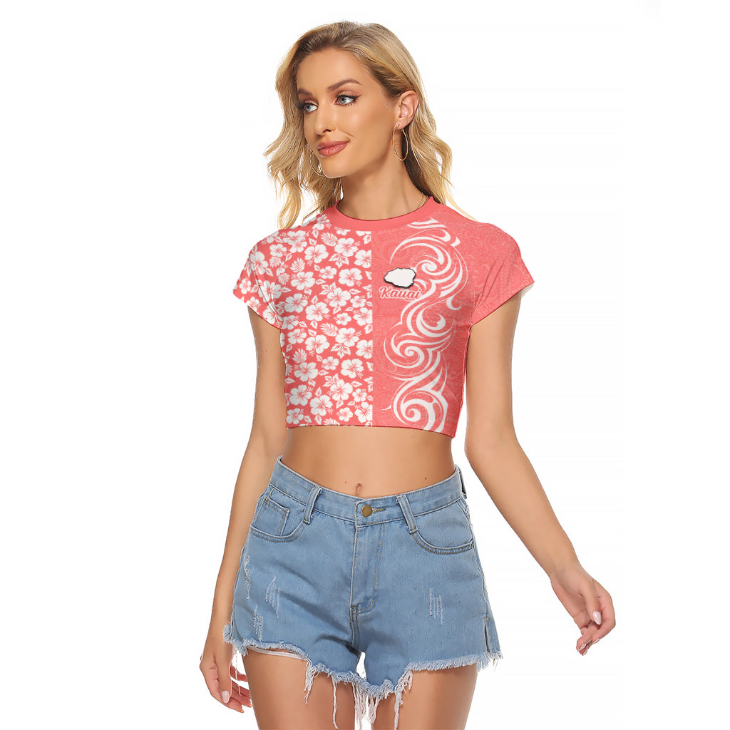 Hawaii Kauai Island Raglan Cropped T Shirt Hibiscus Pattern Seamless Tribal Simple Pink Pastel LT03 Female Pink - Polynesian Pride