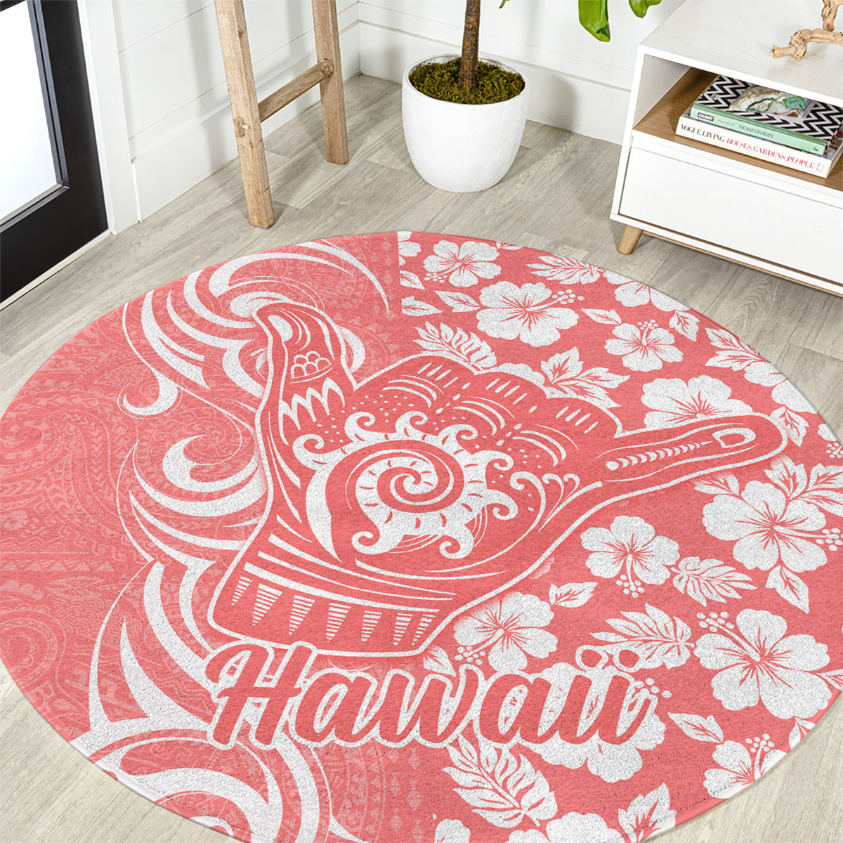 Hawaii Kauai Island Round Carpet Hibiscus Pattern Seamless Tribal Simple Pink Pastel LT03 Pink - Polynesian Pride