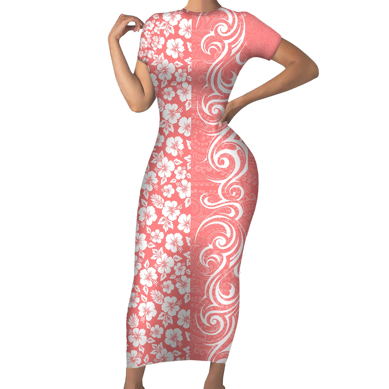 Hawaii Kauai Island Short Sleeve Bodycon Dress Hibiscus Pattern Seamless Tribal Simple Pink Pastel LT03 Long Dress Pink - Polynesian Pride