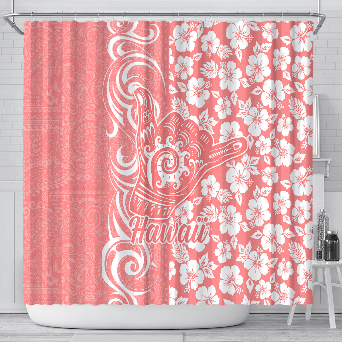 Hawaii Kauai Island Shower Curtain Hibiscus Pattern Seamless Tribal Simple Pink Pastel LT03 - Polynesian Pride