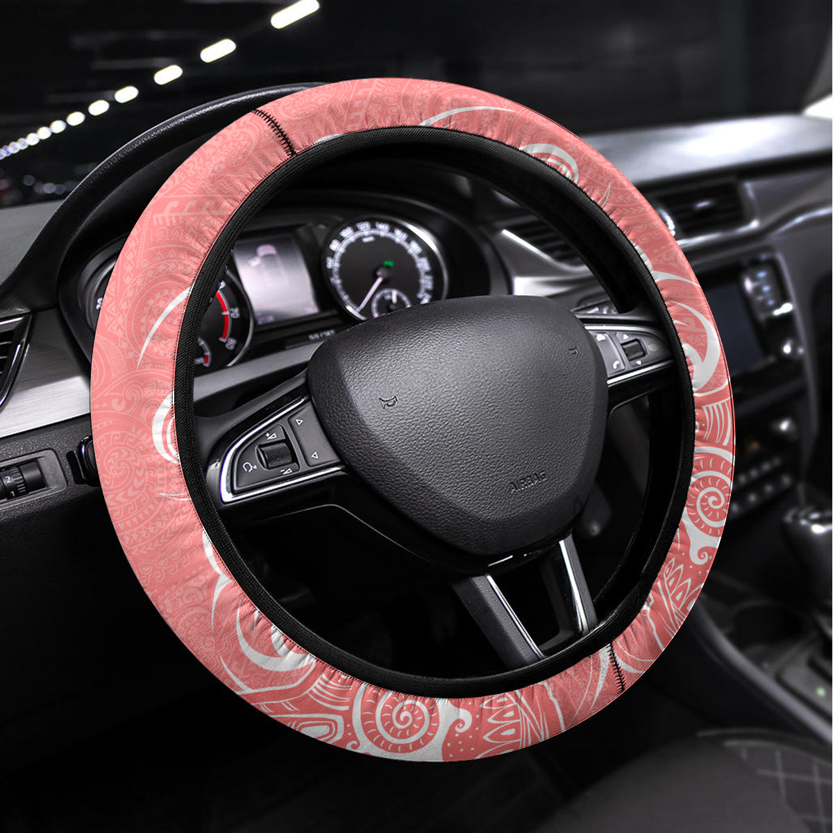 Hawaii Kauai Island Steering Wheel Cover Hibiscus Pattern Seamless Tribal Simple Pink Pastel