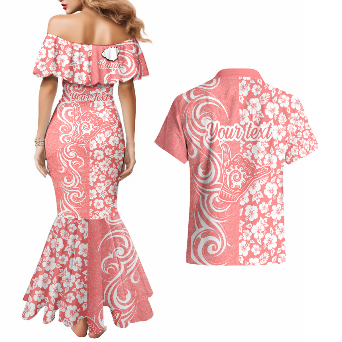 Custom Hawaii Kauai Island Couples Matching Mermaid Dress and Hawaiian Shirt Hibiscus Pattern Seamless Tribal Simple Pink Pastel LT03 - Polynesian Pride