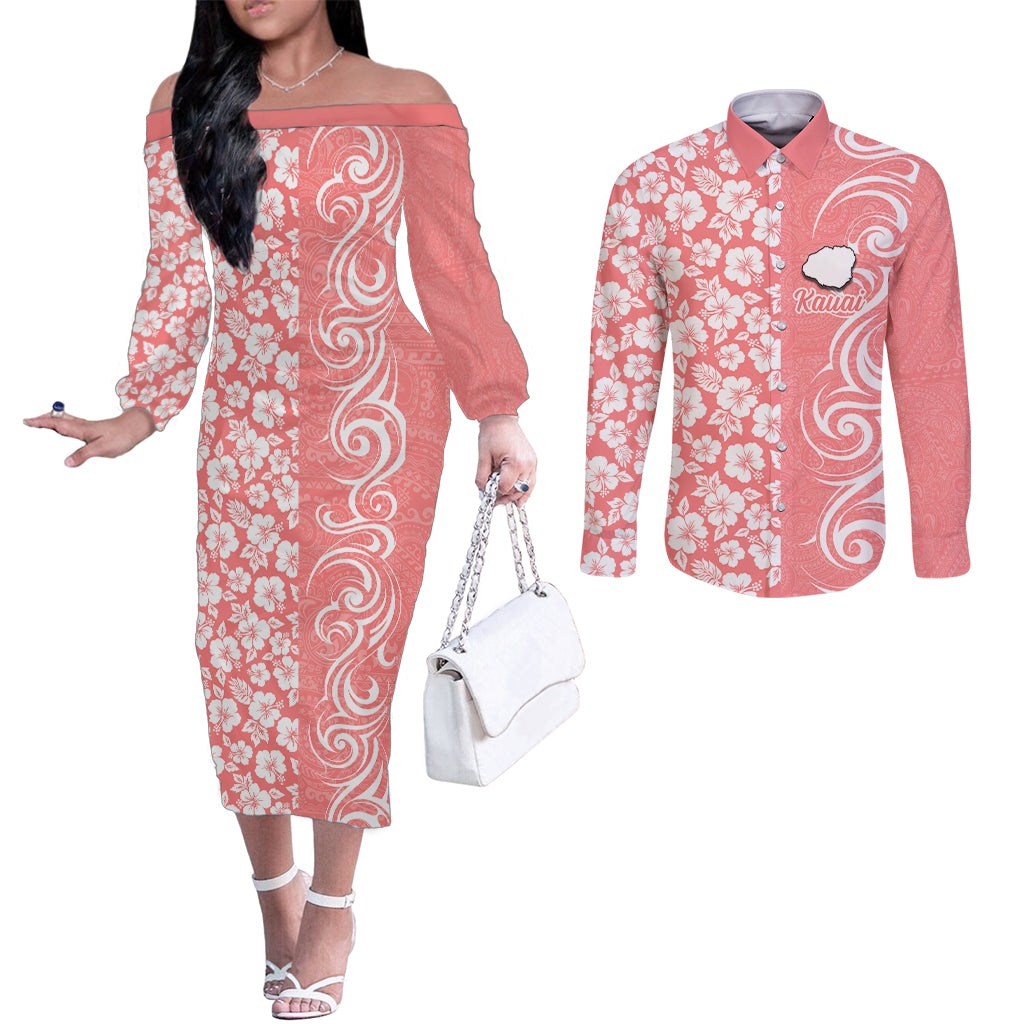 Custom Hawaii Kauai Island Couples Matching Off The Shoulder Long Sleeve Dress and Long Sleeve Button Shirts Hibiscus Pattern Seamless Tribal Simple Pink Pastel LT03 Pink - Polynesian Pride