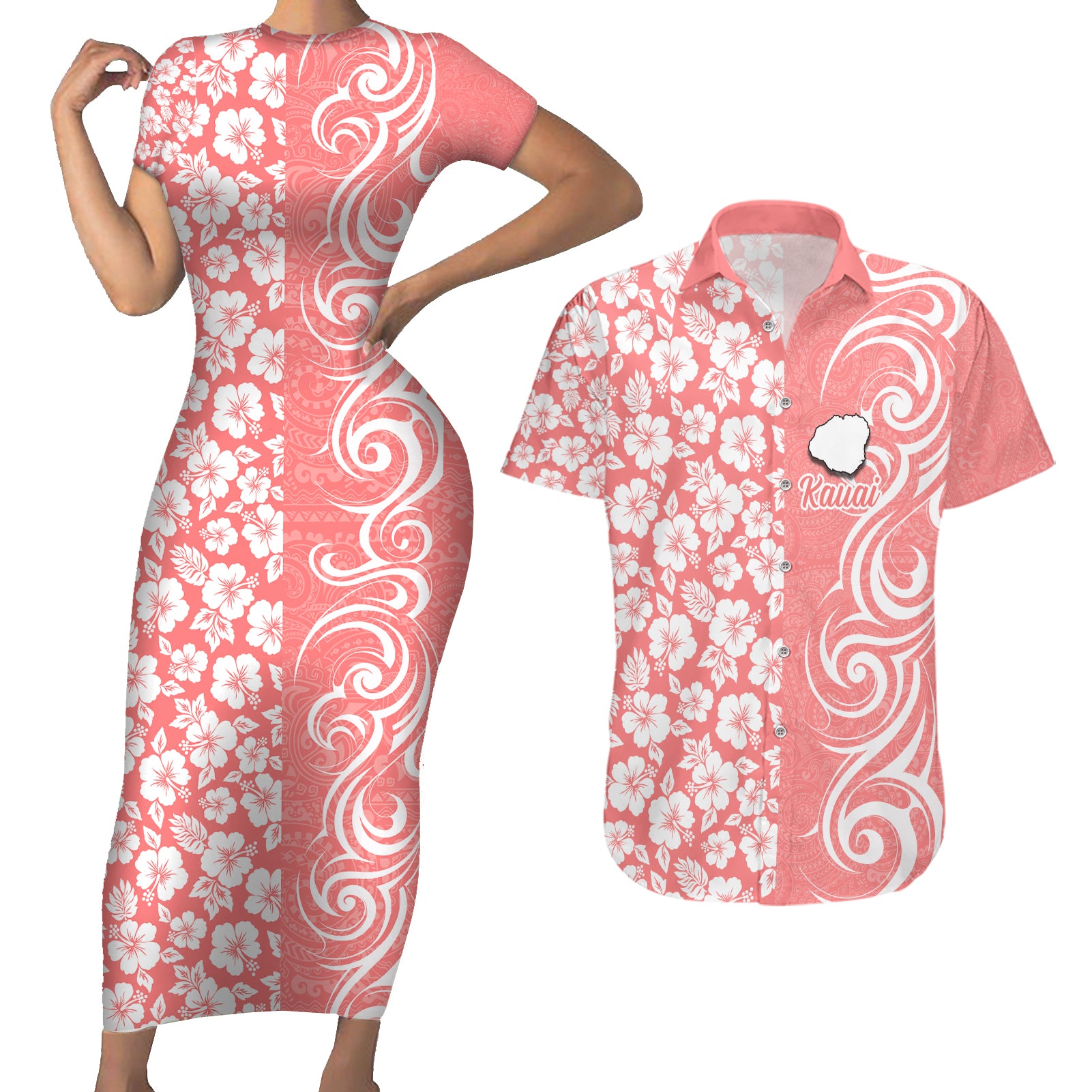 Custom Hawaii Kauai Island Couples Matching Short Sleeve Bodycon Dress and Hawaiian Shirt Hibiscus Pattern Seamless Tribal Simple Pink Pastel LT03 Pink - Polynesian Pride