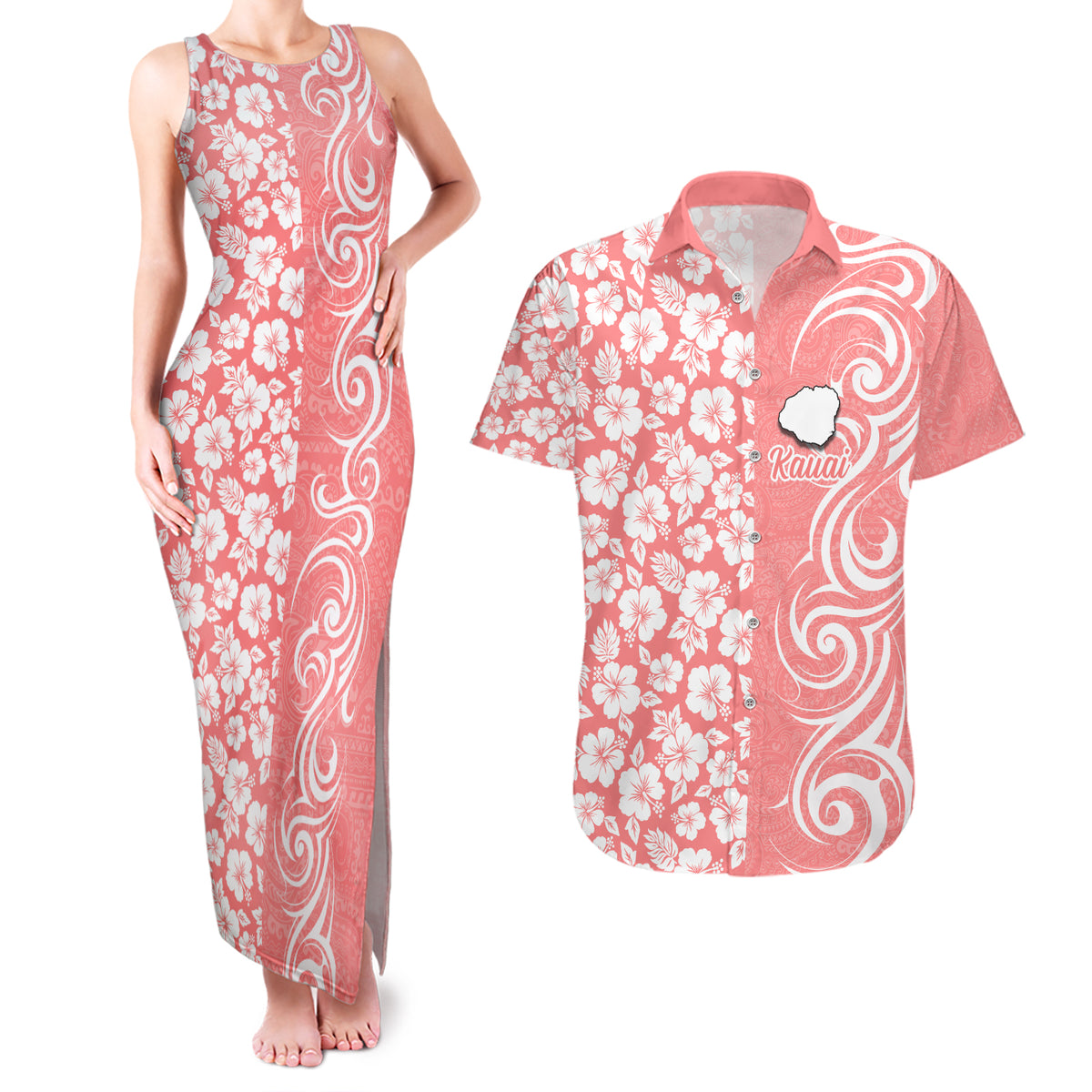 Custom Hawaii Kauai Island Couples Matching Tank Maxi Dress and Hawaiian Shirt Hibiscus Pattern Seamless Tribal Simple Pink Pastel LT03 Pink - Polynesian Pride