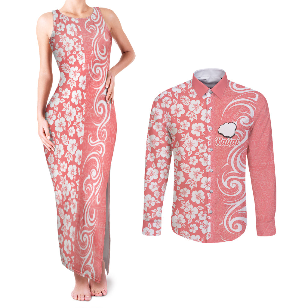 Custom Hawaii Kauai Island Couples Matching Tank Maxi Dress and Long Sleeve Button Shirts Hibiscus Pattern Seamless Tribal Simple Pink Pastel LT03 Pink - Polynesian Pride