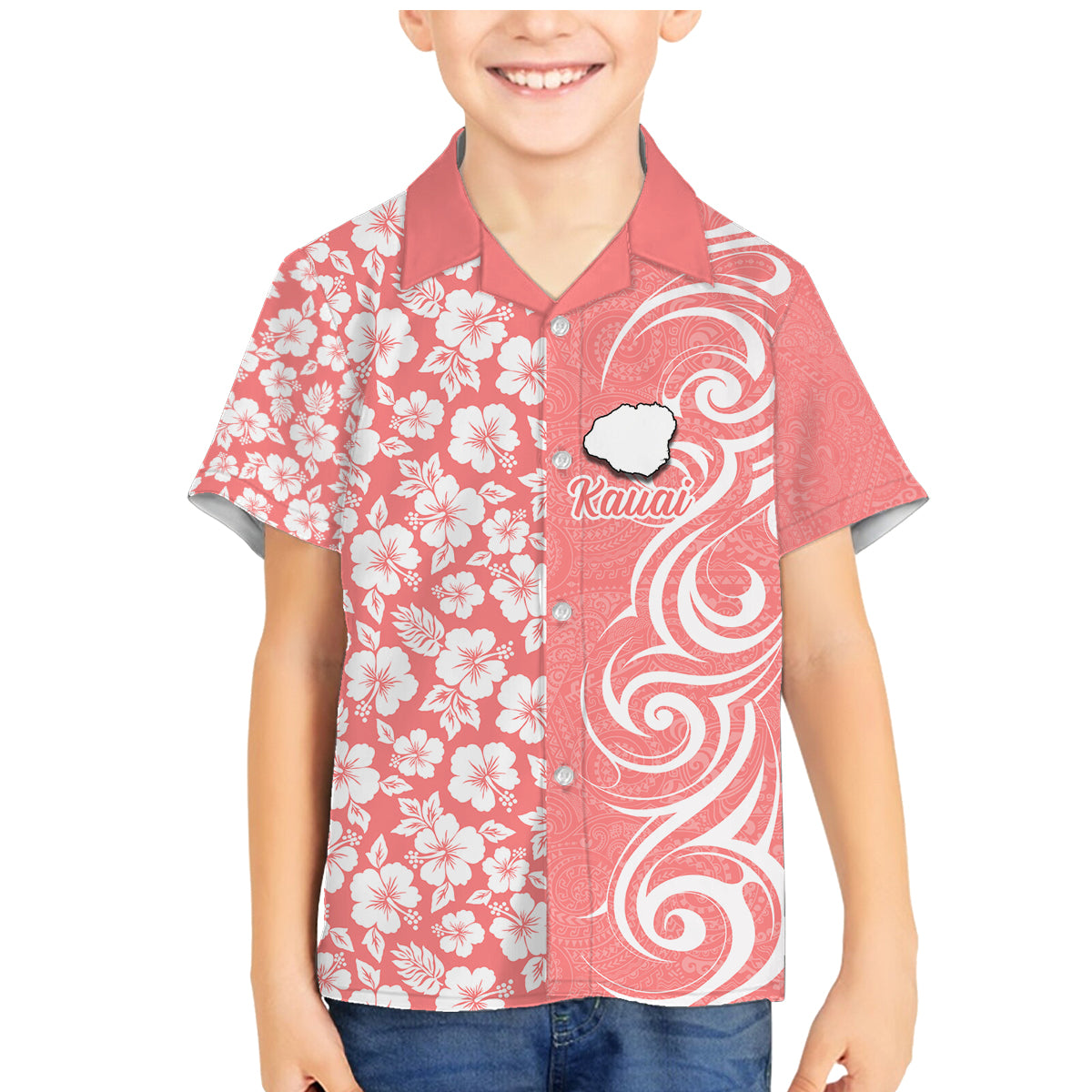 Custom Hawaii Kauai Island Family Matching Mermaid Dress and Hawaiian Shirt Hibiscus Pattern Seamless Tribal Simple Pink Pastel LT03 Son's Shirt Pink - Polynesian Pride
