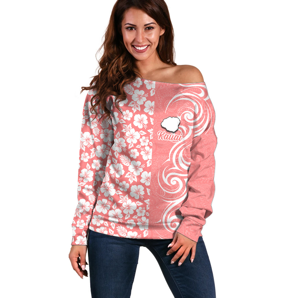 Custom Hawaii Kauai Island Off Shoulder Sweater Hibiscus Pattern Seamless Tribal Simple Pink Pastel LT03 Women Pink - Polynesian Pride