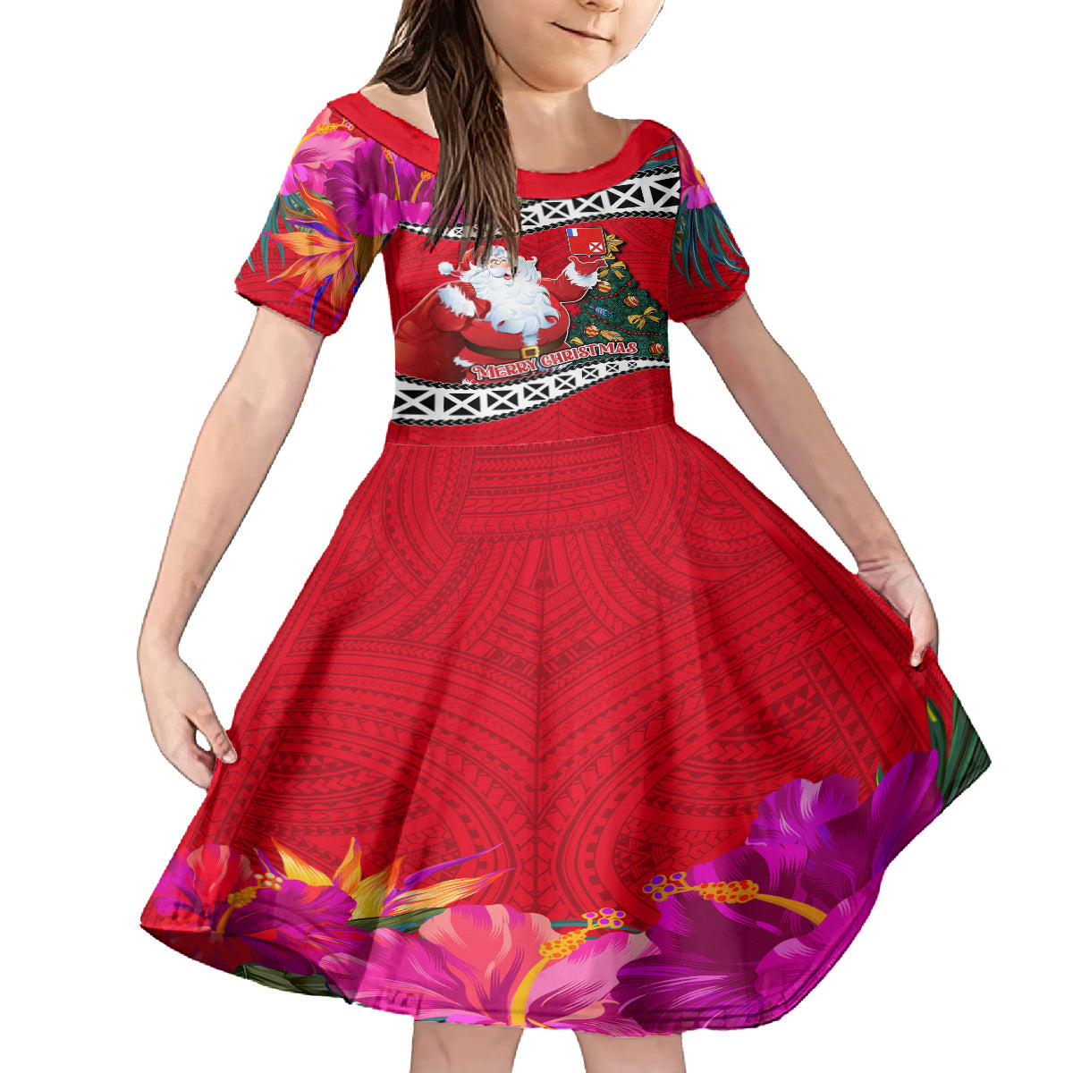 Wallis and Futuna Christmas Family Matching Puletasi Dress and Hawaiian Shirt Santa Claus Holding Coat of Arms Polynesian Xmas Style LT03 Daughter's Dress Red - Polynesian Pride