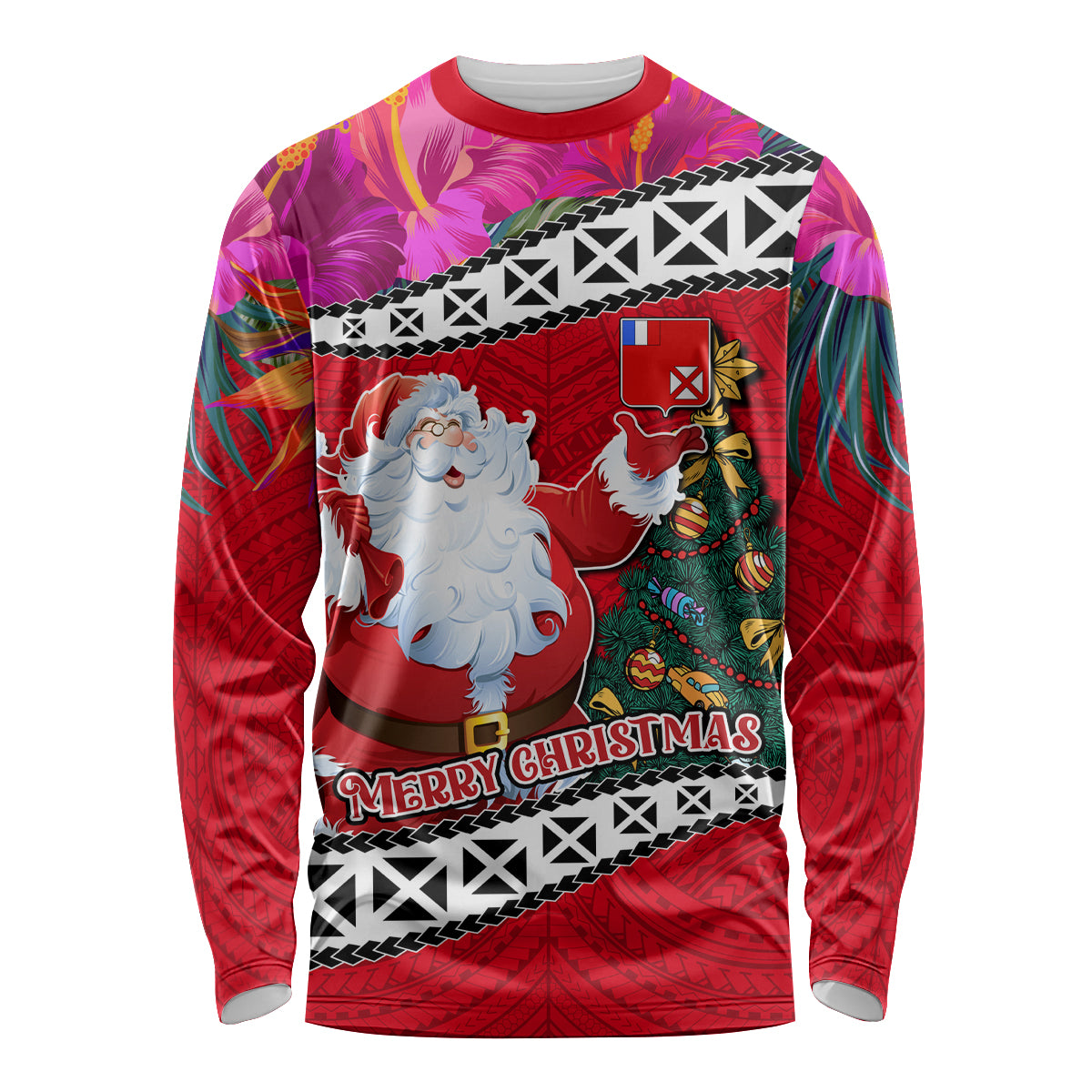 Wallis and Futuna Christmas Long Sleeve Shirt Santa Claus Holding Coat of Arms Polynesian Xmas Style LT03 Unisex Red - Polynesian Pride