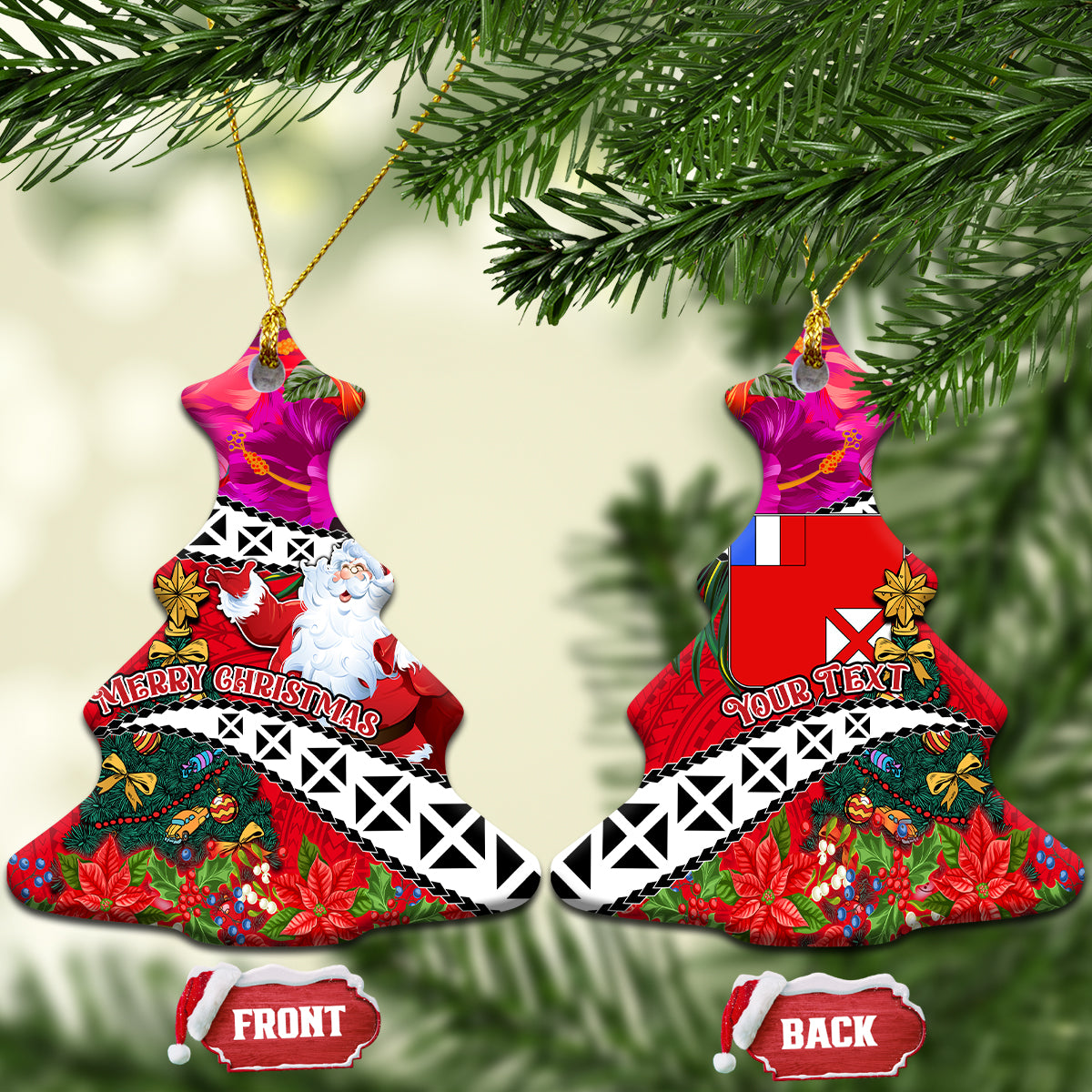 Custom Wallis and Futuna Christmas Ceramic Ornament Santa Claus Holding Coat of Arms Polynesian Xmas Style LT03 Christmas Tree Red - Polynesian Pride