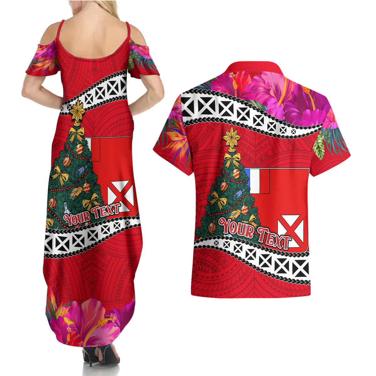 Custom Wallis and Futuna Christmas Couples Matching Summer Maxi Dress and Hawaiian Shirt Santa Claus Holding Coat of Arms Polynesian Xmas Style LT03 - Polynesian Pride