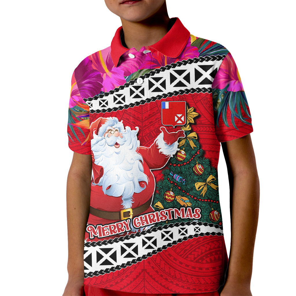 Custom Wallis and Futuna Christmas Kid Polo Shirt Santa Claus Holding Coat of Arms Polynesian Xmas Style LT03 Kid Red - Polynesian Pride