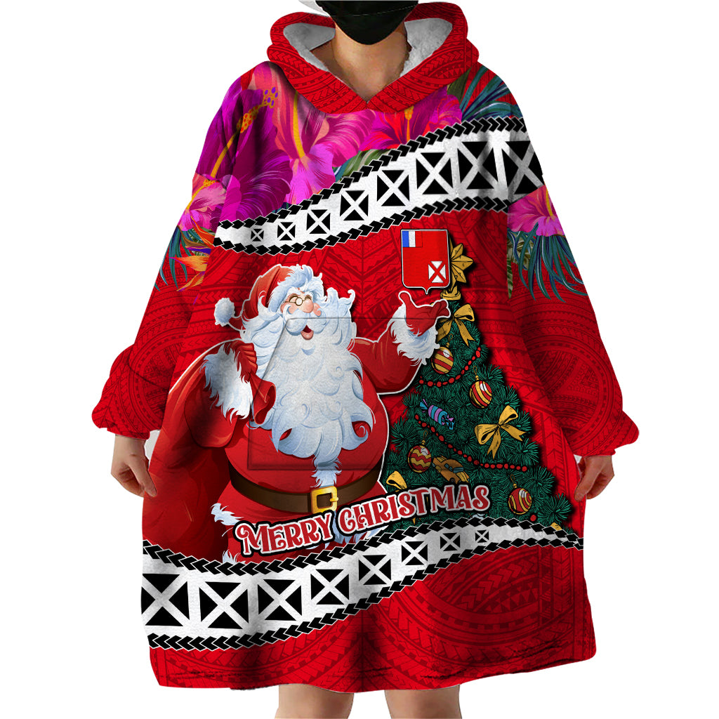 Custom Wallis and Futuna Christmas Wearable Blanket Hoodie Santa Claus Holding Coat of Arms Polynesian Xmas Style LT03 - Polynesian Pride