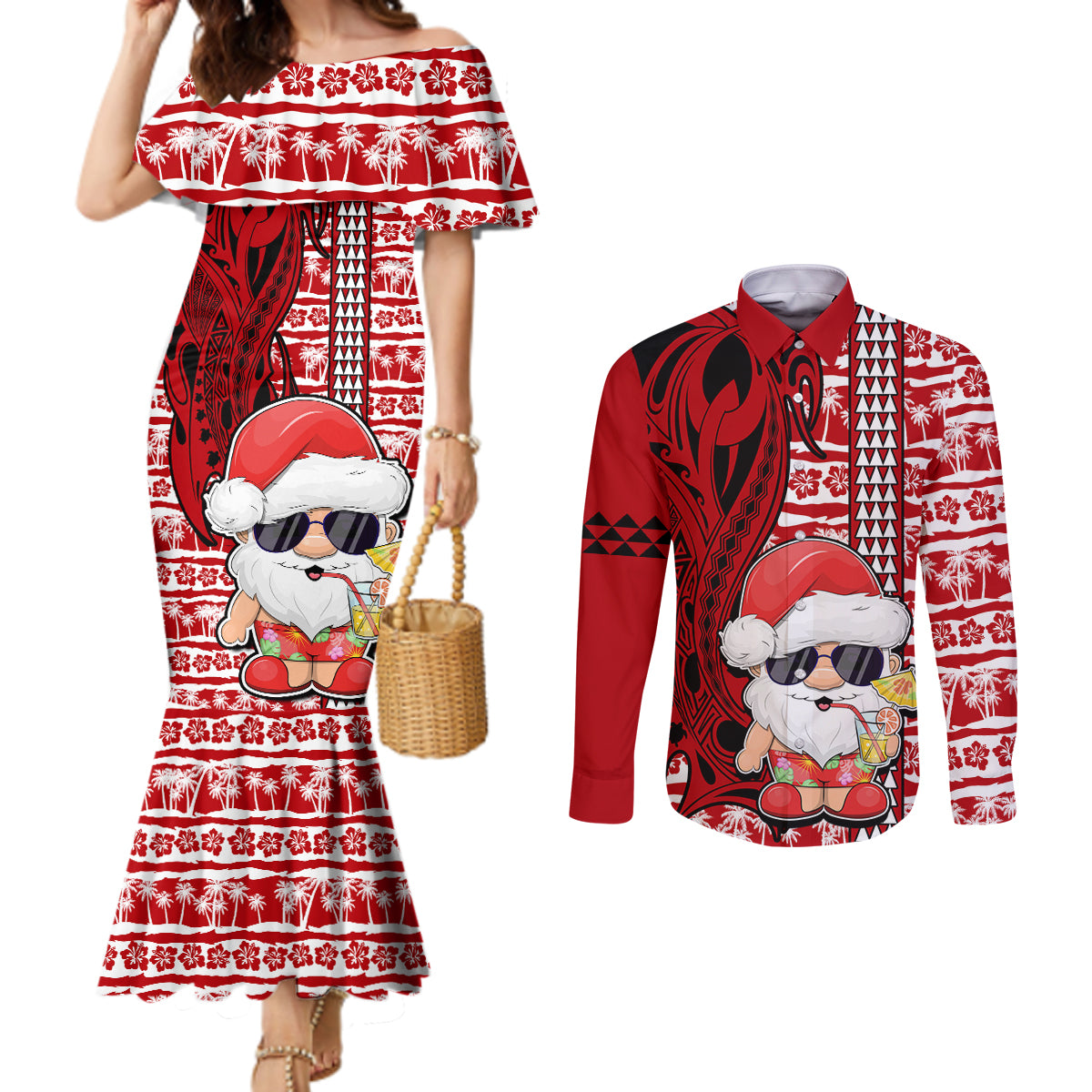 Mele Kalikimaka Hawaii Christmas Couples Matching Mermaid Dress and Long Sleeve Button Shirt Santa Claus Kakau Tribal Mix Polynesia Tattoo LT03 Red - Polynesian Pride