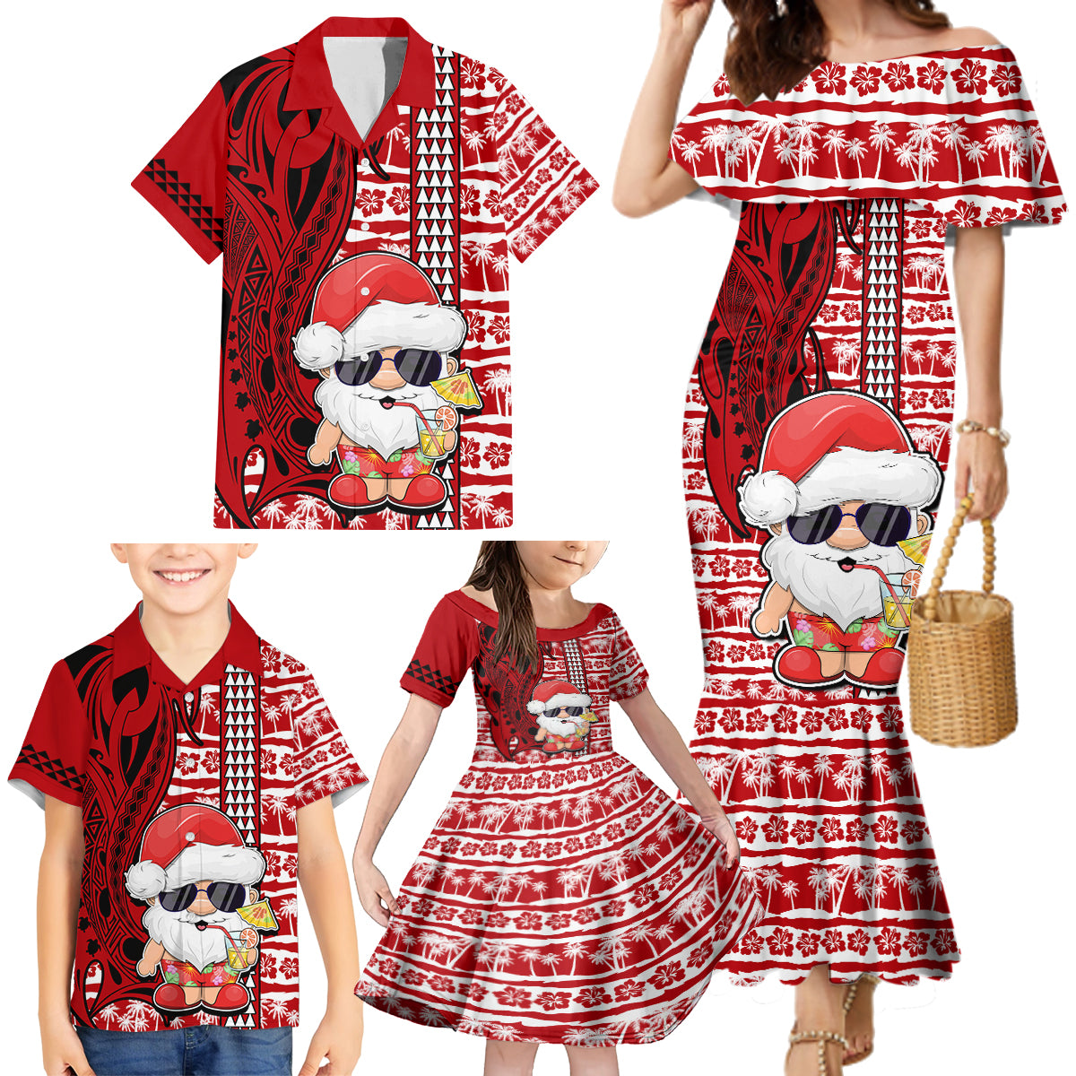 Mele Kalikimaka Hawaii Christmas Family Matching Mermaid Dress and Hawaiian Shirt Santa Claus Kakau Tribal Mix Polynesia Tattoo LT03 - Polynesian Pride
