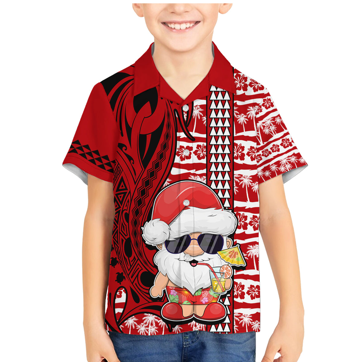 Mele Kalikimaka Hawaii Christmas Family Matching Mermaid Dress and Hawaiian Shirt Santa Claus Kakau Tribal Mix Polynesia Tattoo LT03 Son's Shirt Red - Polynesian Pride