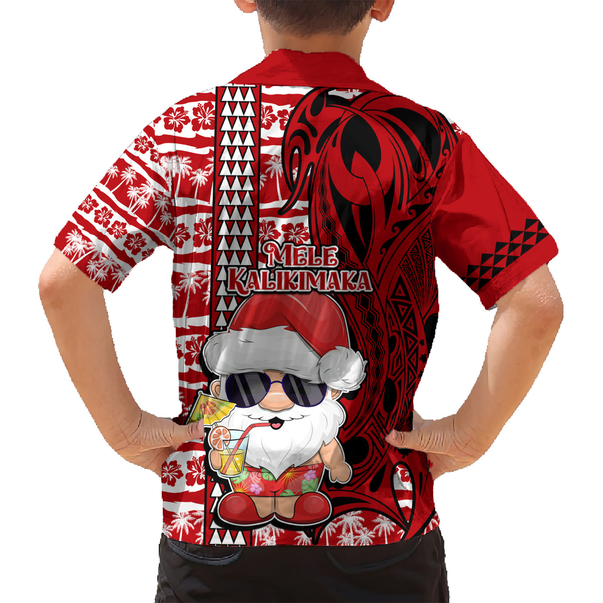Mele Kalikimaka Hawaii Christmas Kid Hawaiian Shirt Santa Claus Kakau Tribal Mix Polynesia Tattoo LT03 - Polynesian Pride