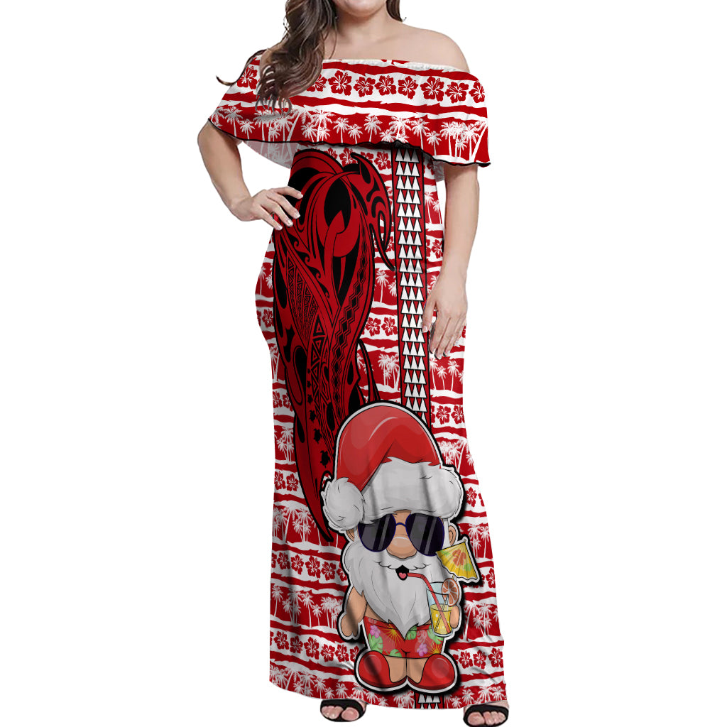 Mele Kalikimaka Hawaii Christmas Off Shoulder Maxi Dress Santa Claus Kakau Tribal Mix Polynesia Tattoo LT03 Women Red - Polynesian Pride