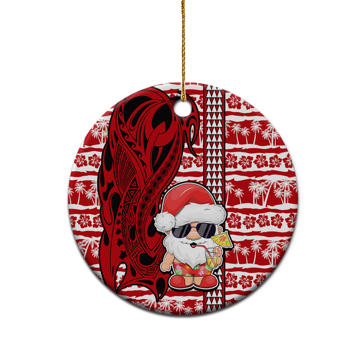 Custom Mele Kalikimaka Hawaii Christmas Ceramic Ornament Santa Claus Kakau Tribal Mix Polynesia Tattoo LT03 - Polynesian Pride