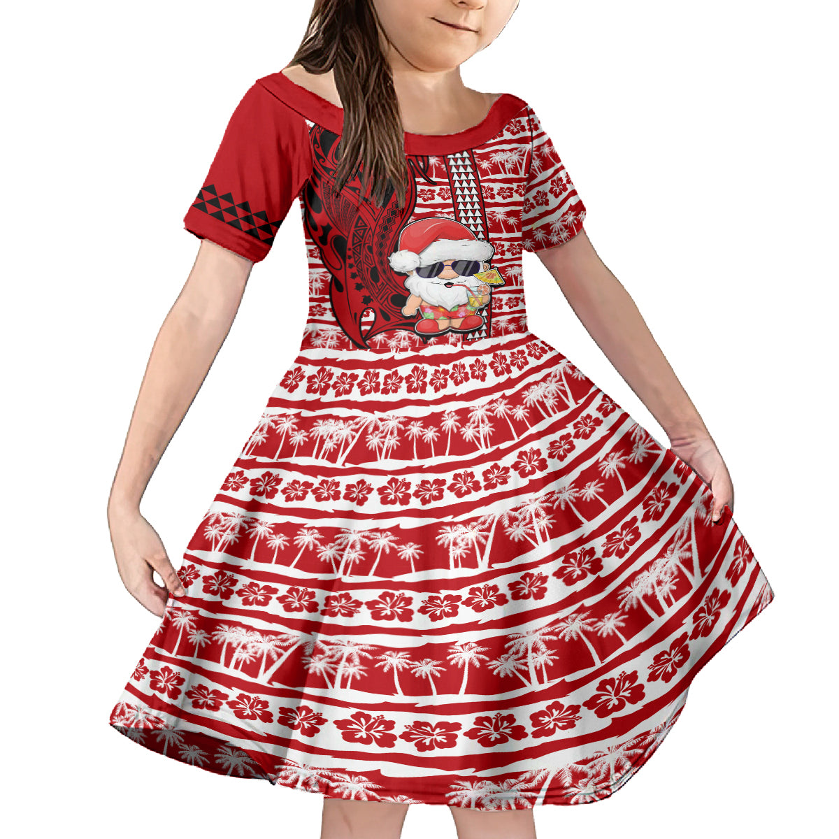 Custom Mele Kalikimaka Hawaii Christmas Family Matching Off Shoulder Maxi Dress and Hawaiian Shirt Santa Claus Kakau Tribal Mix Polynesia Tattoo LT03 Daughter's Dress Red - Polynesian Pride