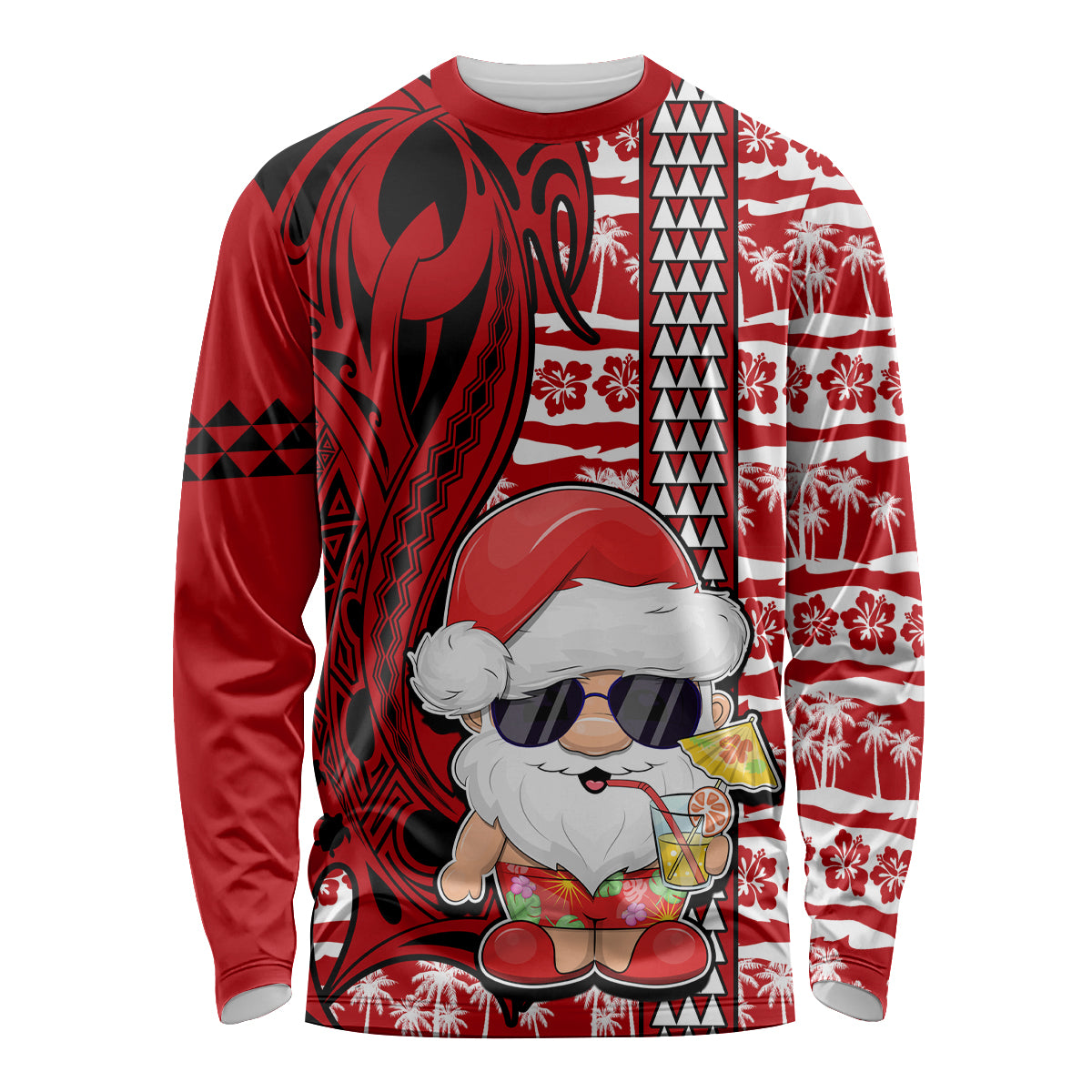 Custom Mele Kalikimaka Hawaii Christmas Long Sleeve Shirt Santa Claus Kakau Tribal Mix Polynesia Tattoo LT03 Unisex Red - Polynesian Pride